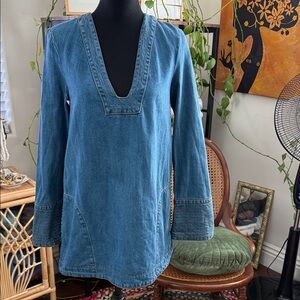 Free People Dreaming Of Denim Blue Trapunto Stitch Cuff Detail Tunic Mini Dress
